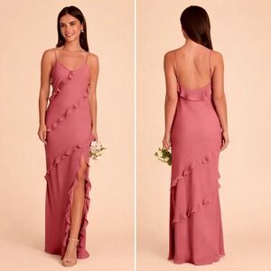 Birdy Grey Valentina Chiffon Floor Length Dress Sz S Mulberry Pink Sheer Ruffle